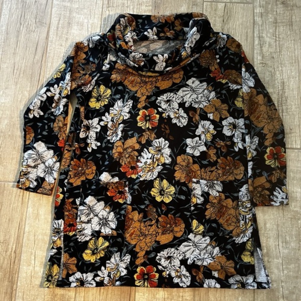 Tribal‎ Jeans Cowl Neck Fleecy Long Tunic Top Pockets Fall Floral PL Excellent.